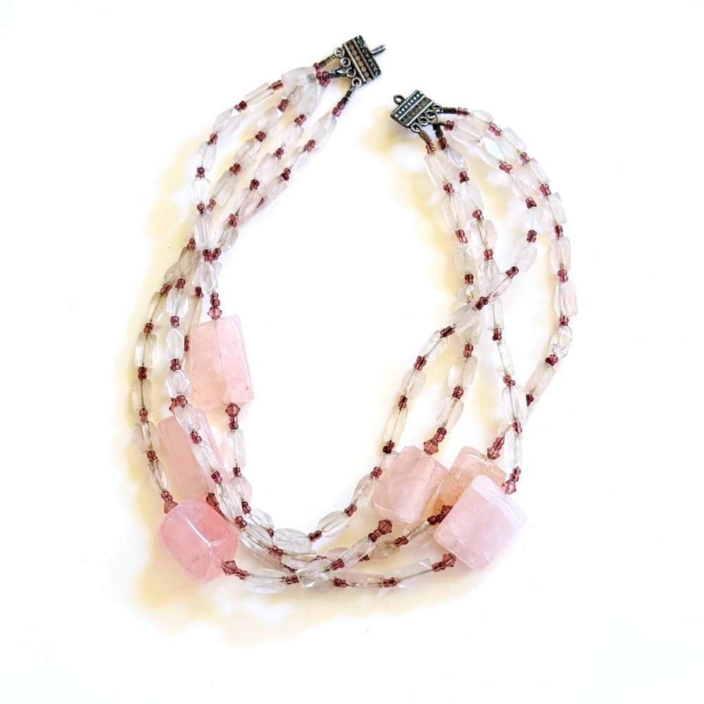 Rose Quartz Beaded stone NECKLACE Vtg Garnet Natural Sterling Silver multi 14"
